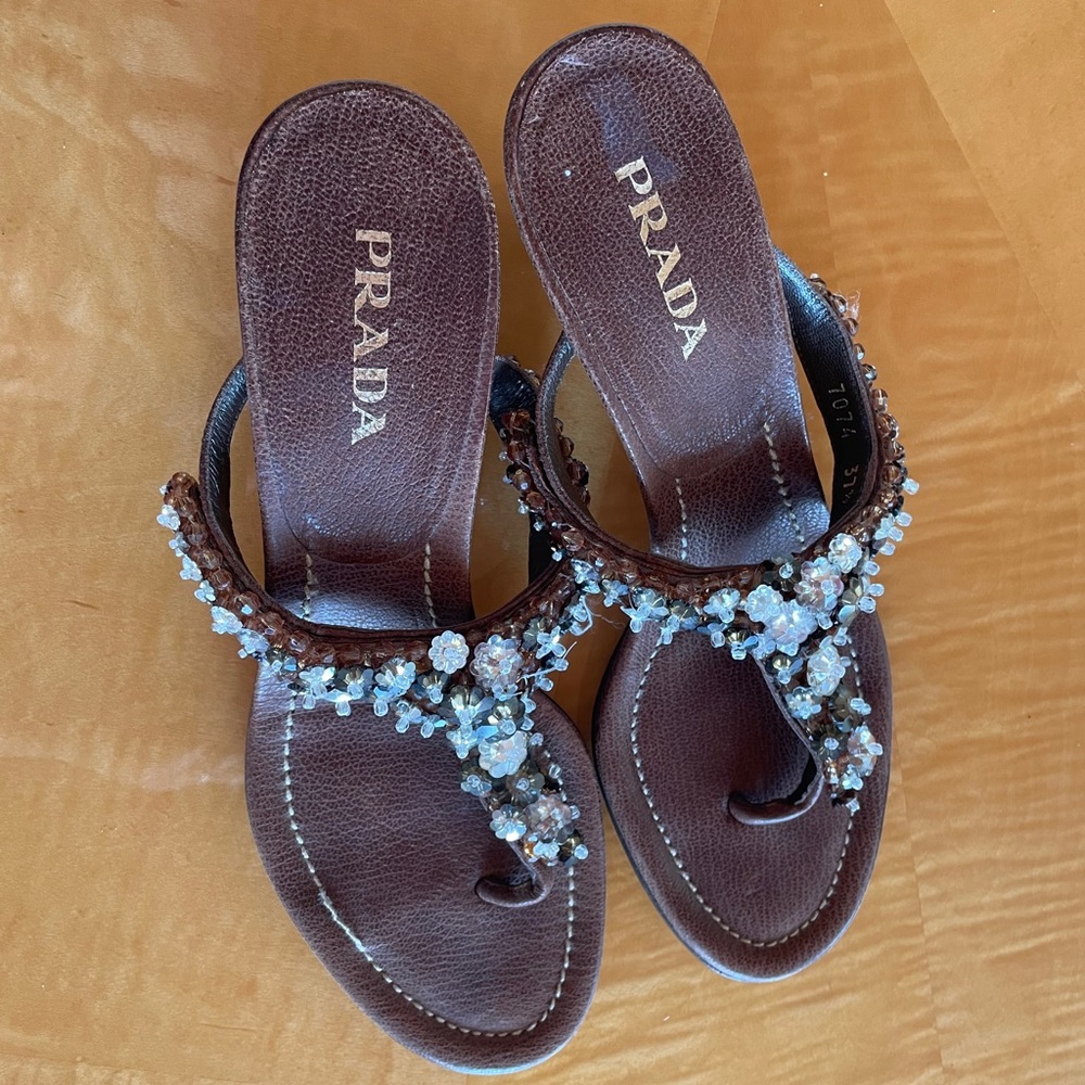 Brown T-Strap Prada Sandals. Made in Italy.
